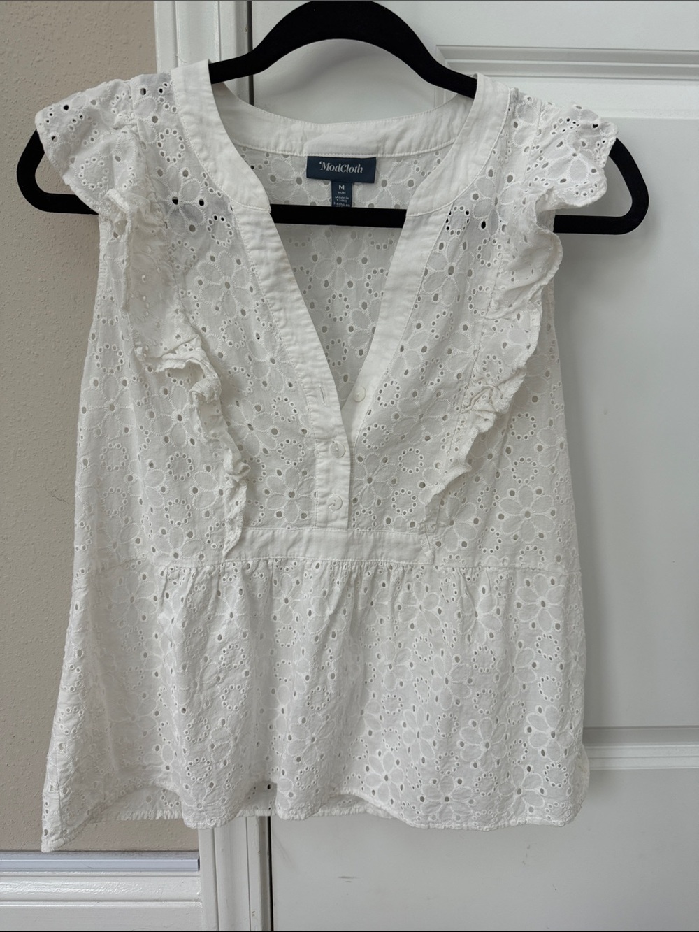 Modcloth White Eyelet Ruffle V-Neck Blouse